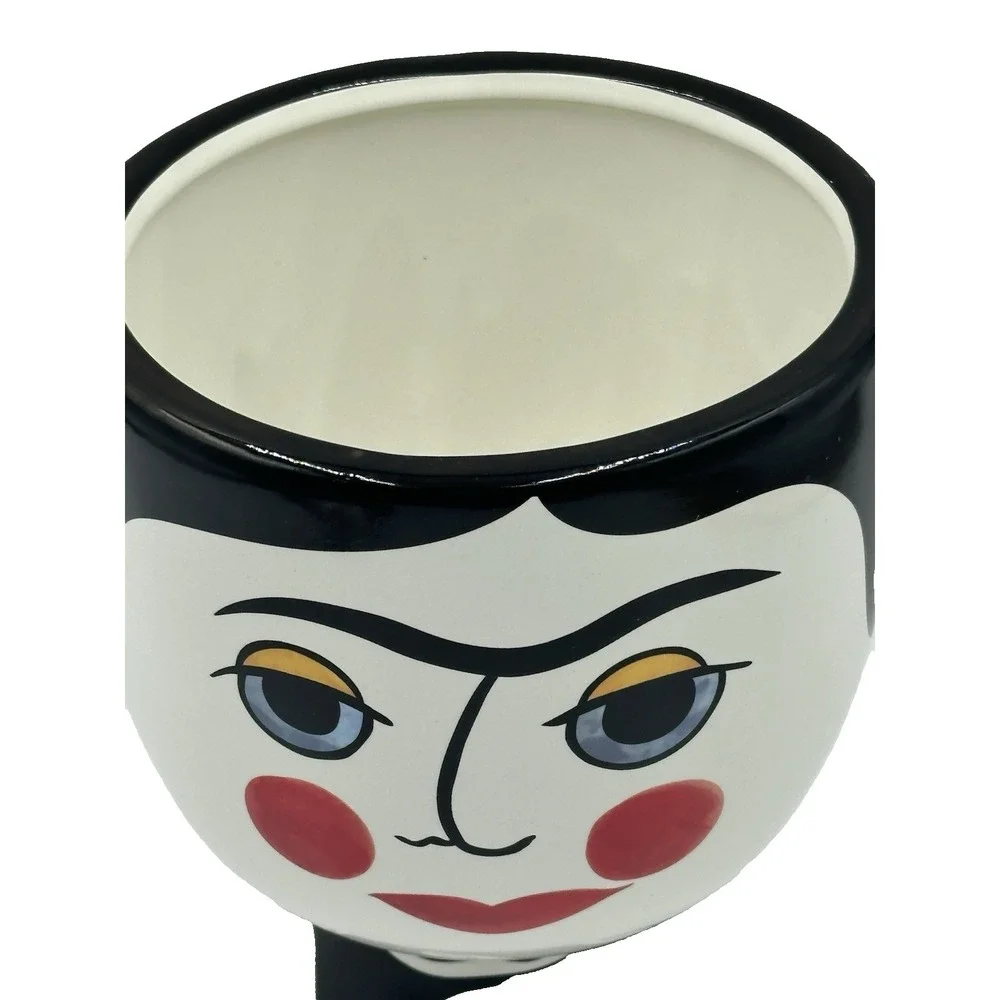 Hand Painted Face Planter Modern Art Ceramic Vase Black White Red Lips Decor